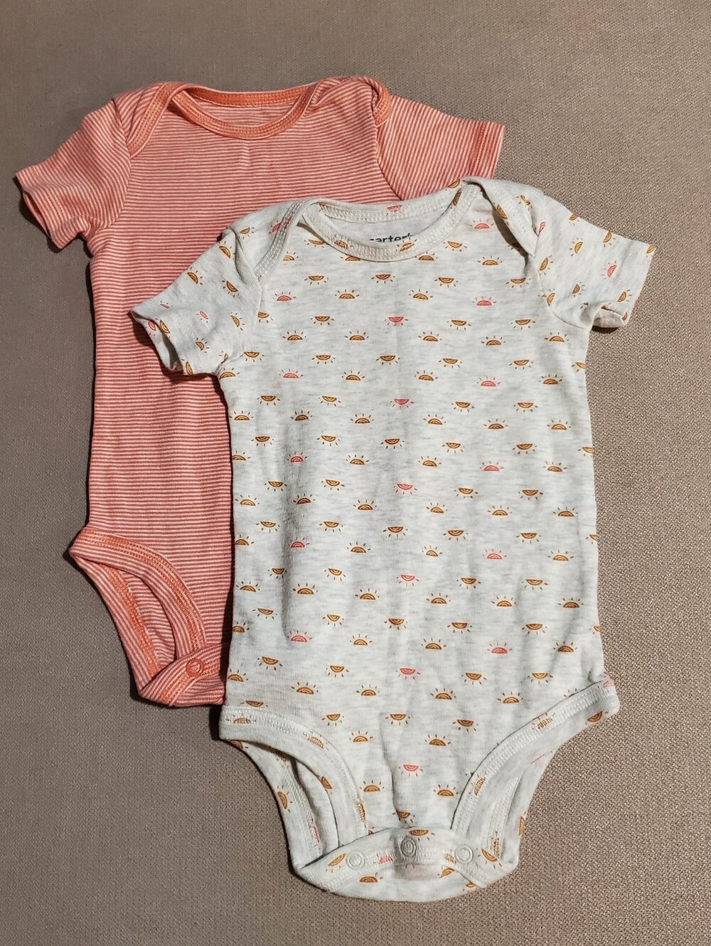 6 M Carter's Coral Stripe & Cream Sunset Print Baby One-Piece Bodysuits